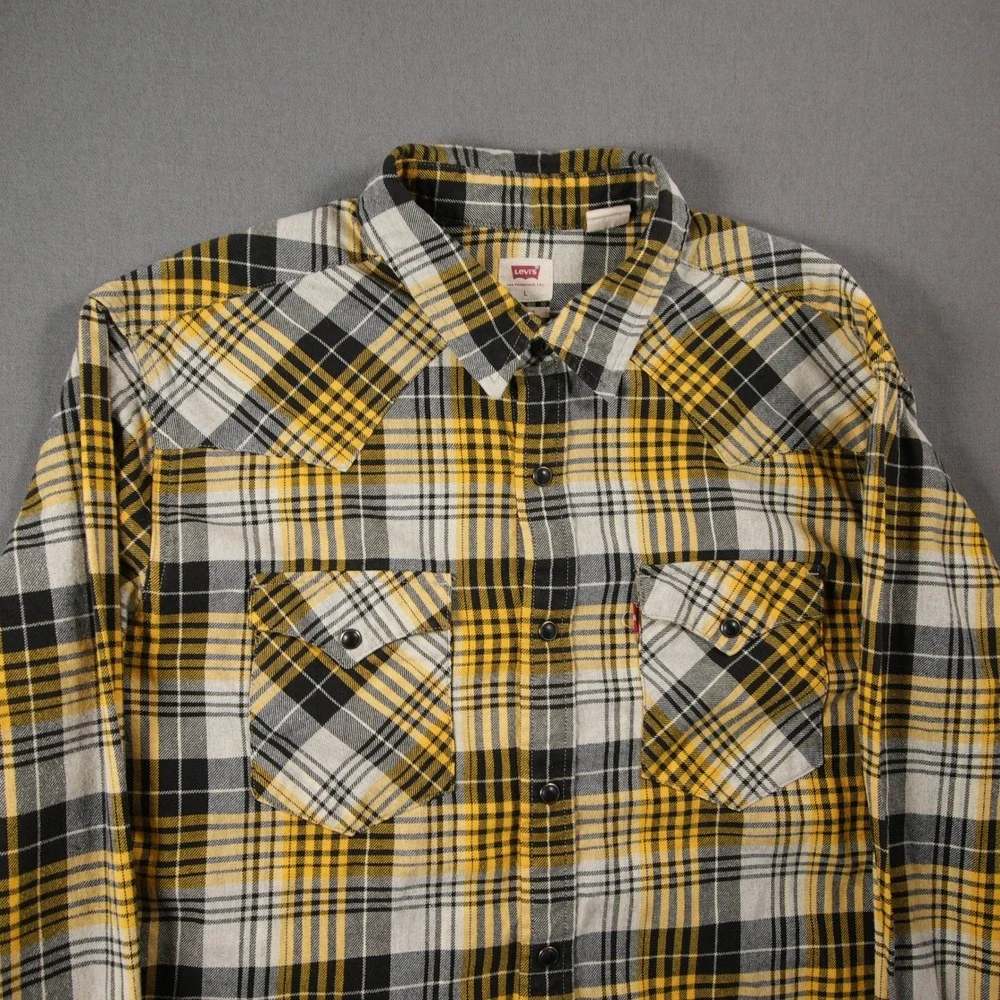 Levi's Plaid Snap Front Western Flannel Cowboy Men Shirt L Black Yellow Skate